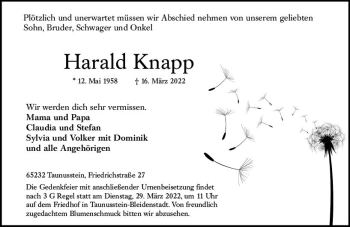Traueranzeige von Harald Knapp von vrm-trauer Wiesbadener Kurier