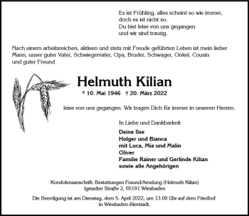 Traueranzeige von Helmuth Kilian von vrm-trauer Wiesbadener Kurier