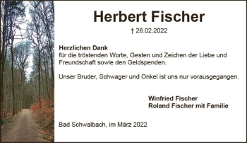 Traueranzeige von Herbert Fischer von vrm-trauer WK-UTA