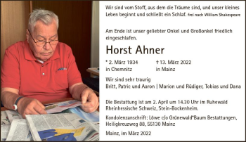 Traueranzeige von Horst Ahner von vrm-trauer AZ Mainz