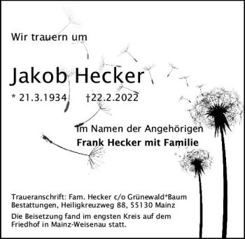 Traueranzeige von Jakob Hecker von vrm-trauer AZ Mainz