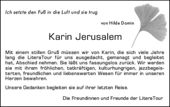Traueranzeige von Karin Jerusalem von vrm-trauer Allgemeine Zeitung Alzey