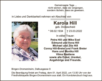 Traueranzeige von Karola Hill von vrm-trauer Allgemeine  Zeitung Ingelheim-Bingen