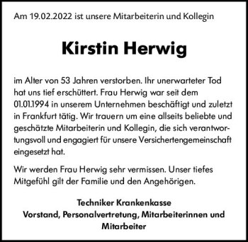 Traueranzeige von Kirstin Herwig von vrm-trauer Wiesbadener Kurier