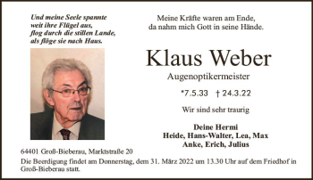 Traueranzeige von Klaus Weber von vrm-trauer Darmstädter Echo