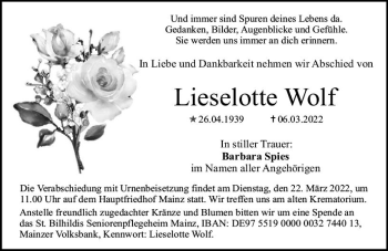 Traueranzeige von Lieselotte Wolf von vrm-trauer AZ Mainz