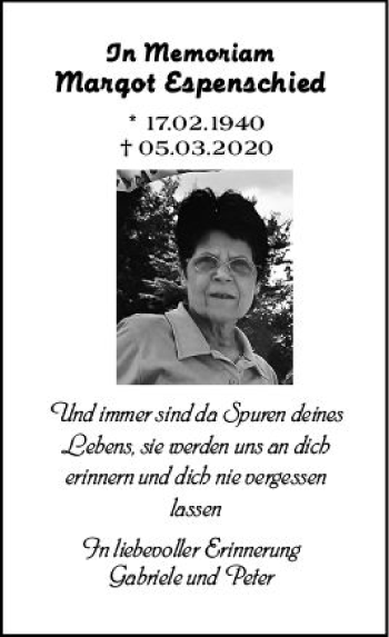 Traueranzeige von Margot Espenschied von vrm-trauer Wiesbadener Kurier
