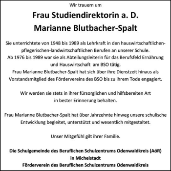 Traueranzeige von Marianne Blutbacher-Spalt von vrm-trauer Odenwälder Echo