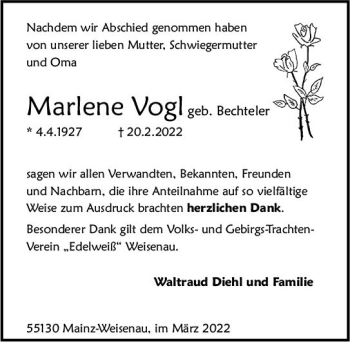 Traueranzeige von Marlene Vogl von vrm-trauer AZ Mainz