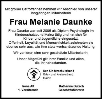 Traueranzeige von Melanie Daunke von vrm-trauer AZ Mainz