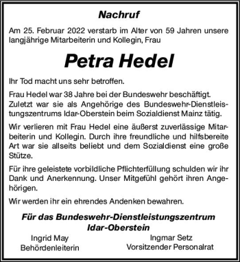Traueranzeige von Petra Hedel von vrm-trauer Rheingau