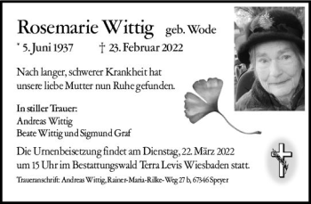 Traueranzeige von Rosemarie Wittig von vrm-trauer Wiesbadener Kurier