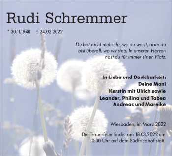 Traueranzeige von Rudi Schremmer von vrm-trauer Wiesbadener Kurier