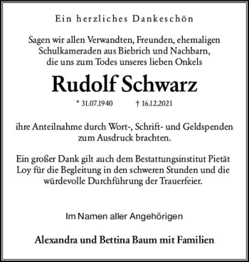 Traueranzeige von Rudolf Schwarz von vrm-trauer Wiesbadener Kurier