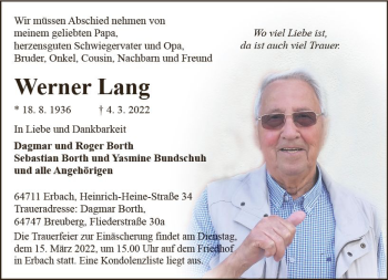 Traueranzeige von Werner Lang von vrm-trauer Odenwälder Echo