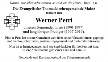 Traueranzeige von Werner Petri von vrm-trauer AZ Mainz