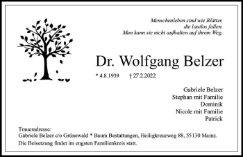 Traueranzeige von Wolfgang Belzer von vrm-trauer AZ Mainz