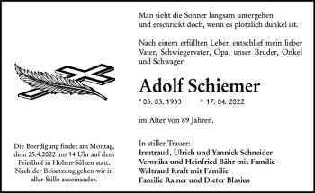 Traueranzeige von Adolf Schiemer von vrm-trauer Wormser Zeitung