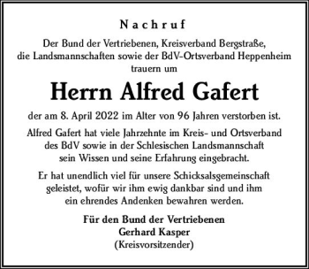 Traueranzeige von Alfred Gafert von vrm-trauer Bürstädter/Lamperth. Ztg/Starkenburger