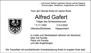 Traueranzeige von Alfred Gafert von vrm-trauer Bürstädter/Lamperth. Ztg/Starkenburger