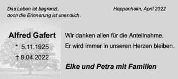 Traueranzeige von Alfred Gafert von vrm-trauer Bürstädter/Lamperth. Ztg/Starkenburger
