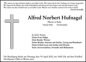 Traueranzeige von Alfred Norbert Hufnagel von vrm-trauer Wormser Zeitung
