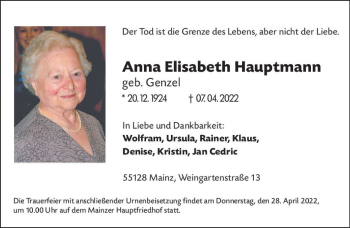 Traueranzeige von Anna Elisabeth Hauptmann von vrm-trauer AZ Mainz