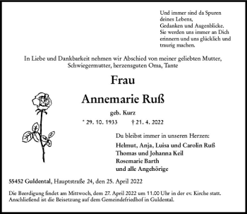 Traueranzeige von Annemarie Ruß von vrm-trauer Allg. Zeitung Bad Kreuznach