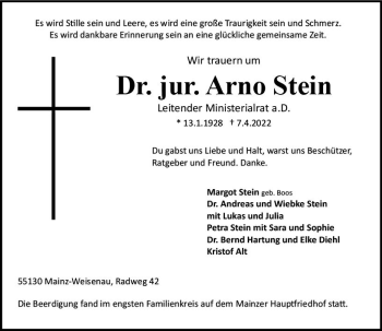 Traueranzeige von Arno Stein von vrm-trauer AZ Mainz