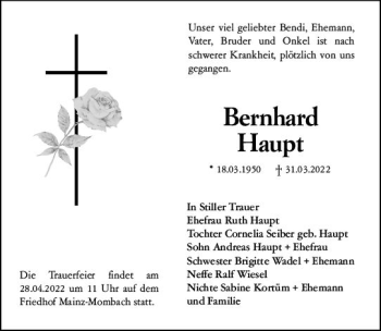 Traueranzeige von Bernhard Haupt von vrm-trauer AZ Mainz