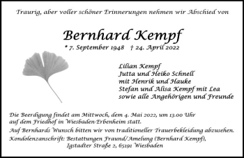 Traueranzeige von Bernhard Kempf von vrm-trauer Wiesbadener Kurier