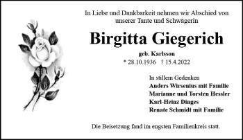 Traueranzeige von Birgitta Giegerich von vrm-trauer AZ Mainz