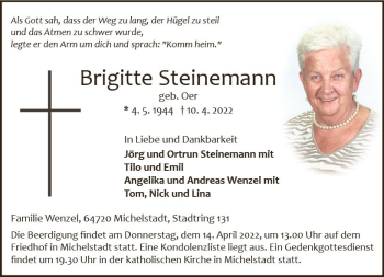 Traueranzeige von Brigitte Steinemann von vrm-trauer Odenwälder Echo