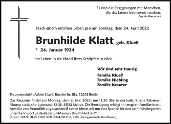 Traueranzeige von Brunhilde Klatt von vrm-trauer AZ Mainz