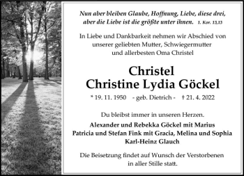 Traueranzeige von Christine Lydia Göckel von vrm-trauer Odenwälder Echo