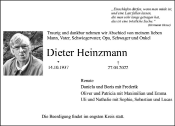 Traueranzeige von Dieter Heinzmann von vrm-trauer Bürstädter/Lamperth. Ztg/Starkenburger