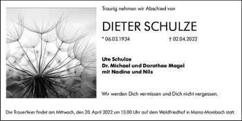 Traueranzeige von Dieter Schulze von vrm-trauer AZ Mainz
