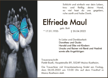 Traueranzeige von Elfriede Maul von vrm-trauer AZ Mainz