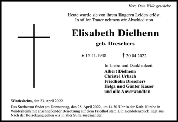 Traueranzeige von Elisabeth Dielhenn von vrm-trauer Allg. Zeitung Bad Kreuznach