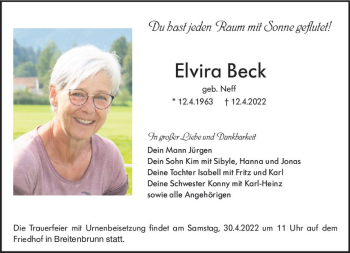 Traueranzeige von Elvira Beck von vrm-trauer Odenwälder Echo