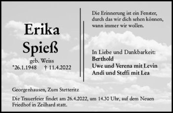 Traueranzeige von Erika Spieß von vrm-trauer Darmstädter Echo