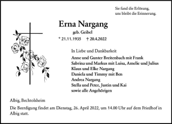 Traueranzeige von Erna Nargang von vrm-trauer Allgemeine Zeitung Alzey