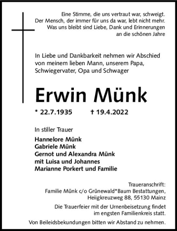 Traueranzeige von Erwin Münk von vrm-trauer AZ Mainz