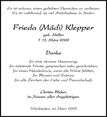 Traueranzeige von Frieda Klepper von vrm-trauer Wiesbadener Kurier