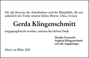 Traueranzeige von Gerda Klingenschmitt von vrm-trauer Allgemeine Zeitung Alzey