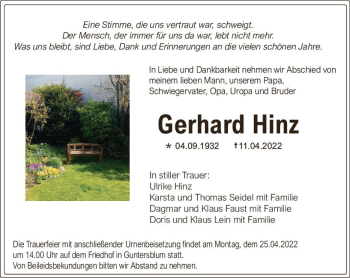 Traueranzeige von Gerhard Hinz von vrm-trauer AZ Mainz