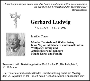 Traueranzeige von Gerhard Ludwig von vrm-trauer AZ Mainz