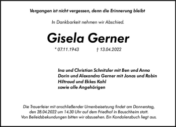 Traueranzeige von Gisela Gerner von vrm-trauer Rüsselsheimer Echo / MainSpitze