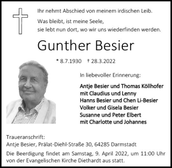 Traueranzeige von Gunther Besier von vrm-trauer Wiesbadener Kurier