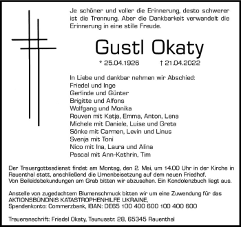 Traueranzeige von Gustl Okaty von vrm-trauer Rheingau